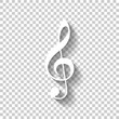 Simple icon of treble key. White icon with shadow on transparent background