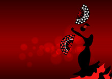 Flamenco Dancer, Sexy Silhouette Beautiful Spanish Woman In Long Dress With Fan In Spectacular Pose, Vector Isolated Or Red Blurred Background