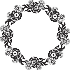 Black and white round frame with floral silhouettes. 