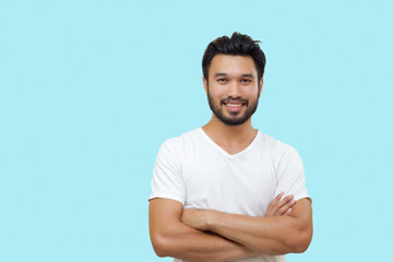 Poster - Asian handsome man with a mustache, smiling and laughing isolated on blue background