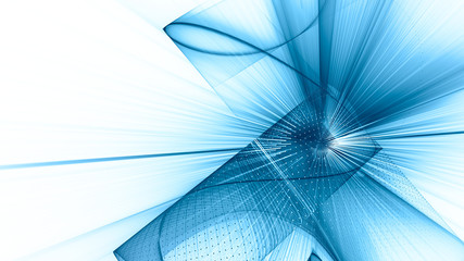 Poster - Abstract blue and white background. Fractal graphics series. Dynamic composition of dots, traces and beams.