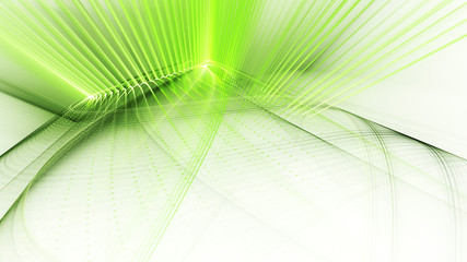 Poster - Abstract green and white background. Fractal graphics series. Dynamic composition of dots, traces and beams.