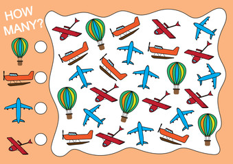 Wall Mural - Count how many air transport objects and write the result. Mathematical game for children.