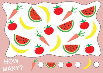 Wall Mural - Mathematical game for preschool children. Count how many fruits, berries and vegetables (banana, watermelon, tomato, carrot). Learning numbers, mathematics.