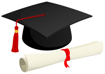 vector illustration of a graduation cap and a rolled diploma.