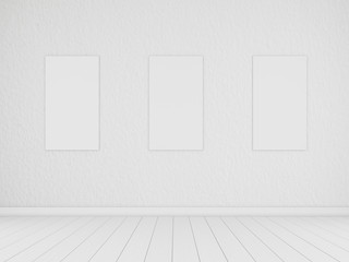 Aufkleber - 3D stimulate of white room space and light plank wood floor texture with white blank of three picture frame on the wall,Perspective of future design building