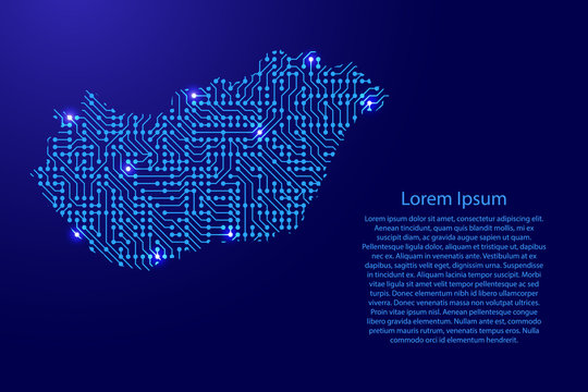 Map Hungary from printed board, chip and radio component with blue star space on the contour for banner, poster, greeting card, of vector illustration.