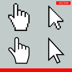 Leinwandbilder - White arrow and pointer hand cursor icon set. Pixel and modern version of cursors signs. Symbols of direction and touch the links and press the buttons. Isolated on gray background vector illustration