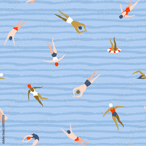 Cotton fabric People swimming pattern. Summer seamless background. Summertime vector illustration with swimmers drawing in flat design.