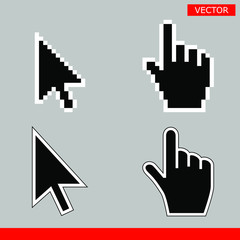 Leinwandbilder - Black arrow and pointer hand cursor icon set. Pixel and modern version of cursors signs. Symbols of direction and touch the links and press the buttons. Isolated on gray background vector illustration