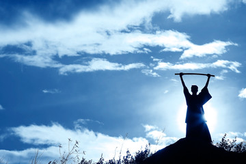 Wall Mural - Fighter with a sword silhouette a sky ninja