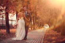 Newlyweds Groom And Bride Walking In Autumn Park