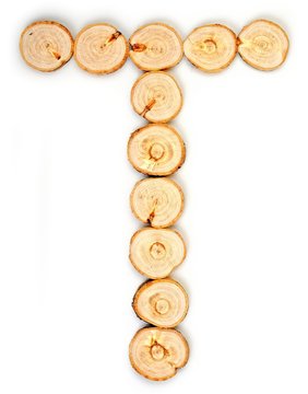 Alphabet letters made from Wood slice on white Background.T.