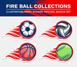 Football fire ball, volleyball fire ball, basketball fire ball, tennis fire ball vector illustration, print, stickers, badges, patches collection.