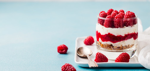 Raspberry dessert, cheesecake, trifle, mouse in a glass. Copy space