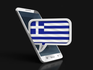 Poster - Touchscreen smartphone and Speech bubble with Greek flag. Image with clipping path