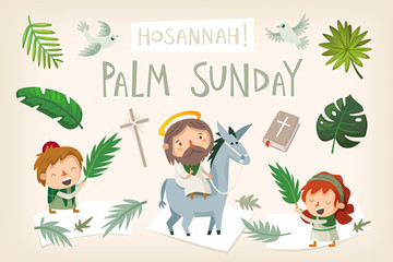 Jesus riding a donkey entering Jerusalem. People greeting him with palm branches and shouting Hosannah. Biblical easter story illustration. Vector.