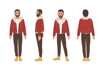 Wall Mural - Cute smiling dark haired caucasian man with beard dressed in brown trousers and red jacket. Flat male cartoon character isolated on white background. Front, side and back views. Vector illustration.
