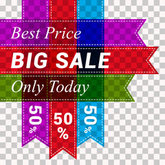 Wall Mural - multicolored transparent banner ribbons stitched with a white stitch, with text, best prices, big sa