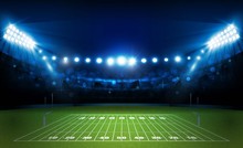 American Football Arena Field With Bright Stadium Lights Design. Vector Illumination