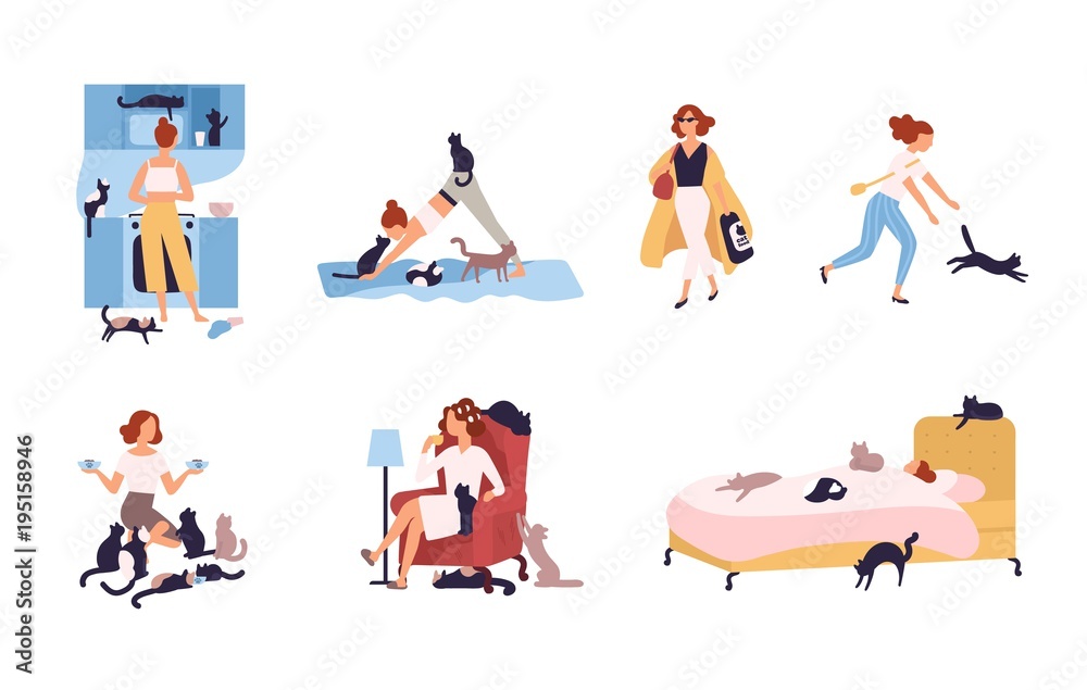 Set of crazy cat lady performing her daily activities being surrounded ...