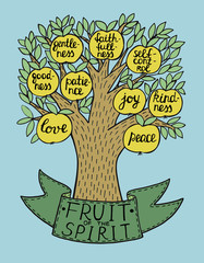 Hand lettering with bible verse The fruit of the Spirit with tree. Galatians