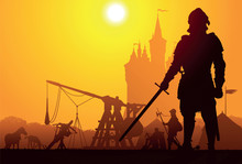 Medieval Knight With The Camp And Castle On Background