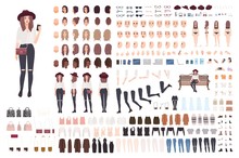 Young Trendy Woman Or Girl Construction Kit Or Creation Set. Bundle Of Various Postures, Hairstyles, Faces, Legs, Hands, Clothes, Accessories. Front, Side, Back Views. Cartoon Vector Illustration.