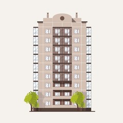 Fototapete - Panel building with multiple floors with balconies and pair of trees growing beside. Multi story living house isolated on white background. Prefab architecture and construction. Vector illustration.