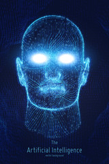 Poster - Human Big data visualization. Futuristic Artificial intelligence concept. Cyber mind aesthetic design. Machine learning. Complex data threads in form of head with binary data.