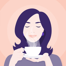 A Woman Is Holding A Cup Of Tea Or Coffee. The Pleasure Of A Hot Drink. Vector Illustration
