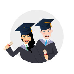 Circle avatar with young graduate man and woman with certificate or diploma scroll.