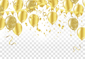 Gold balloons, confetti and streamers on white background. Vector illustration.