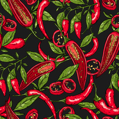 Seamless hand drawn pattern with mexican hot pepper chili, slices, halves, crushed pieces and branch. Natural background for textiles, banner, wrapping paper and other and designs. Vector illustration