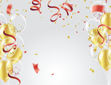 Gold Balloons, Confetti And Streamers On White Background. Vector Illustration.