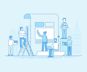 Poster - Vector illustration in flat linear style and blue color  - teamwork concept