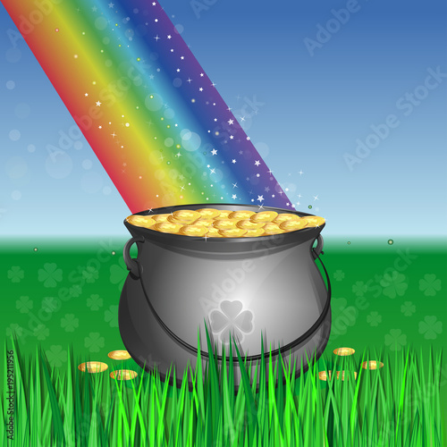 Magic leprechaun pot of gold at the base of the rainbow. Cauldron full
