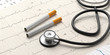 Smoking and health. Stethoscope and cigarettes on a cardiogram background. 3d illustration