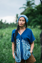 Asian Woman Wearing Shibori Natural Indigo Clothes