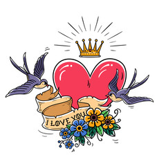 Wall Mural - Holiday illustration with pink heart and gold crown. Swallows fly and hold ribbon decorated with flowers. I love you