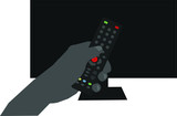 Fototapeta  -  Ludzka ręka trzymająca pilota od telewizor, w tle duży telewizor. 