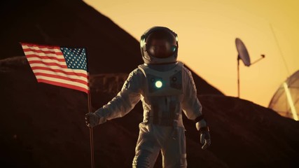 Wall Mural - astronaut wearing space suit plants american flag on the planet mars. patriotic and proud moment for