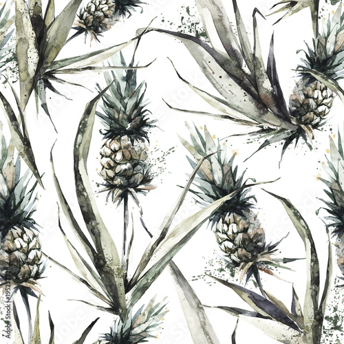 Naklejka na meble Seamless pattern with pineapples and leaves. Tropical summer watercolor illustration. Botanical texture in bronze shades. Monochrome design. Can be used for a poster, printing on fabric.