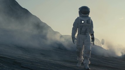 Wall Mural - proud astronaut confidently explores alien planet's surface. cold planet covered in gas and rock, pe