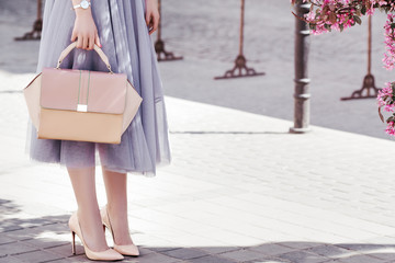 Fashionable woman posing in street. Girl holding elegant pink bag, purse, wearing stylish tulle skirt, shoes, wrist watch. Luxury wear and accessories. Female fashion concept.  Copy, empty space