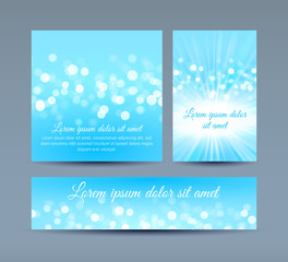 Wall Mural - vector illustration of invitation cards in blue colors with bokeh lights