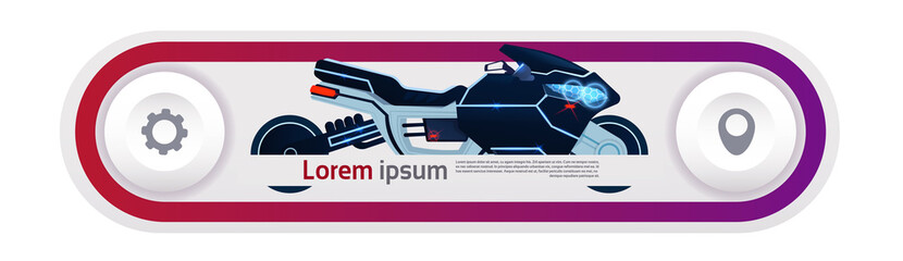 Poster - Modern Motorcycle Over Template Infographics Elements Background Horizontal Banner Flat Vector Illustration