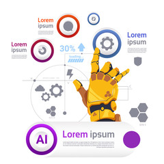 Poster - Robotic Hand Over Template Infographics Banner For Modern Robots Technology Artificial Intelligence Concept Flat Vector Illustration