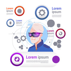 Poster - Man Wearing Vr Glasses Over Set Of Template Infographic Elements Virtual Reality Concept Flat Vector Illustration