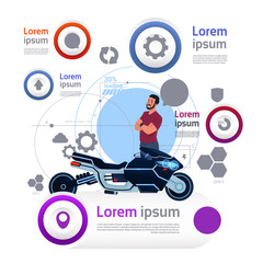 Poster - Man And Motorcycle Over Template Transportation Infographics Banner With Copy Space Flat Vector Illustration